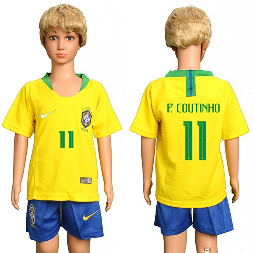 Brazil #11 P.Coutinho Home Kid Soccer Country Jersey - Click Image to Close
